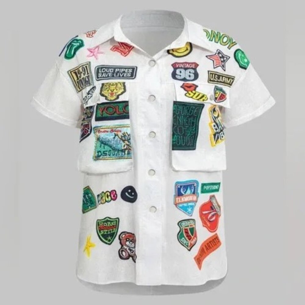 Micas Plus Size Letter Print Pocket Short-Sleeve Shirt 1XL